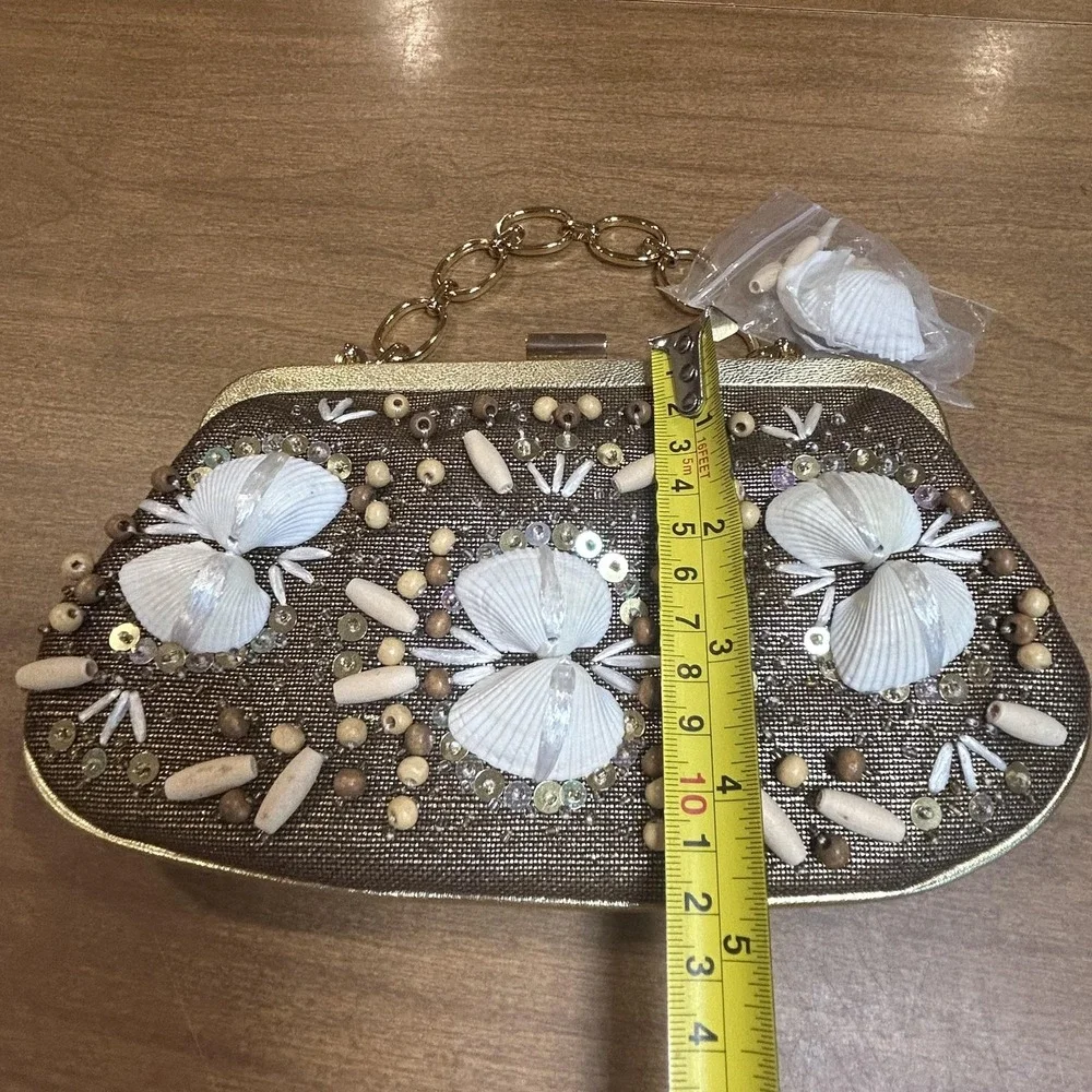 Rafe Clutch‎ Bag Womens Small Brown Straw Shell Beaded Chain Beach Purse